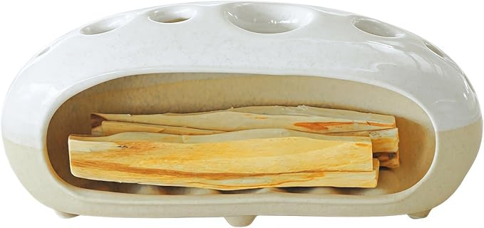 3 in 1 Palo Santo Holder for Sage Bundles Cone Incense, Handcrafted Ceramic Incense Burner Holder Ash Catcher with Chimney, Smudge Bowl for Yoga Meditation Home Decor (Multi - Porous White)