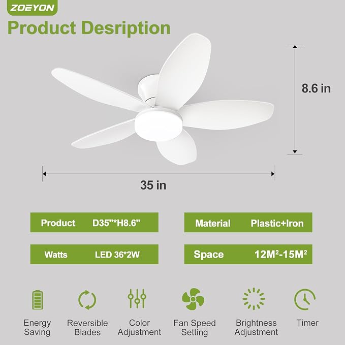 Small Ceiling Fan with Light - 35 Inch Flush Mount Ceiling Fan with Lights and Remote, Low Profile Ceiling Fans with 5 Reversible Blades, 6 Wind Speeds, White Ceiling Fans for Bedroom