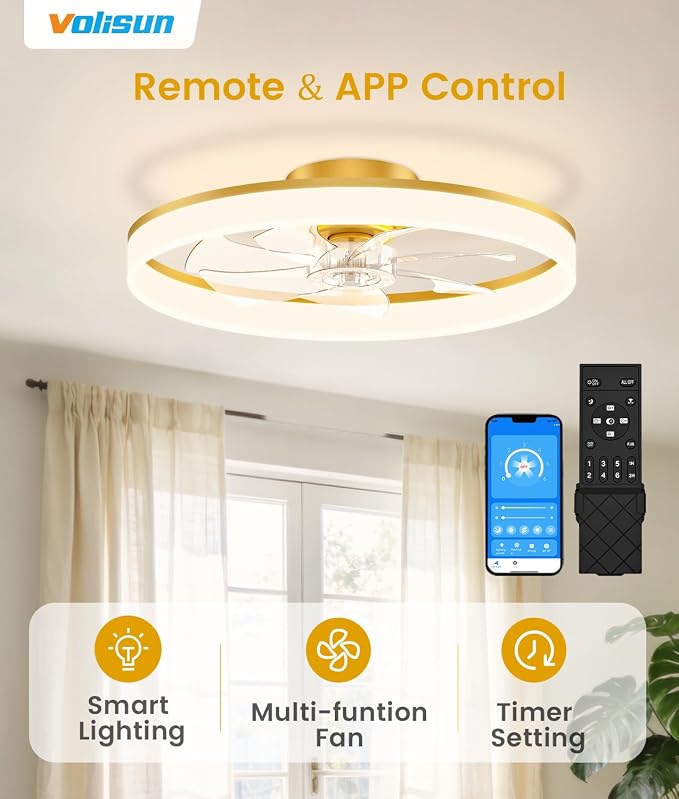 VOLISUN Low Profile Ceiling Fans with Lights and Remote, 24in Fandelier Ceiling Fan Flush Mount, 3000K-6500K Smart Bladeless LED Fan Light, Gold Modern Ceiling Fans with Lights for Bedroom
