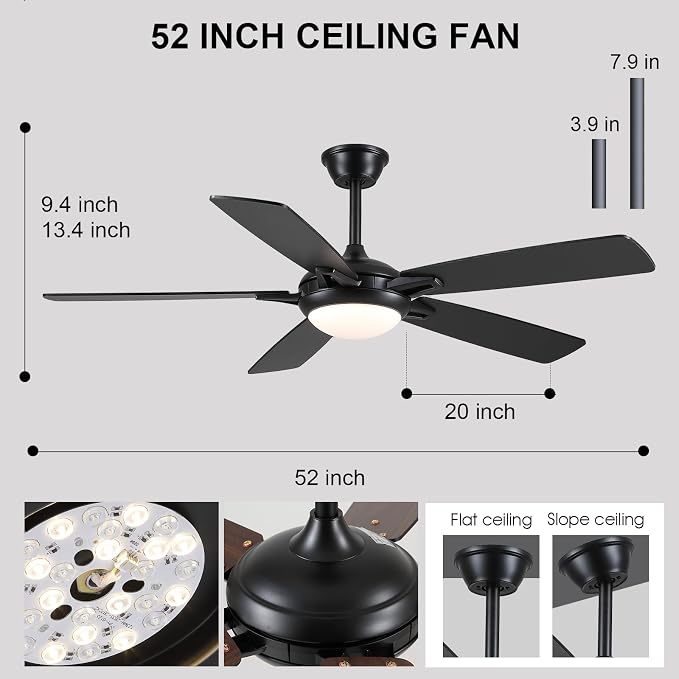 Kviflon 52 Inch Ceiling Fans with Lights and Remote, Modern Indoor Outdoor Ceiling Fan for Bedroom Living Room Patio Porch, 6 Speeds, Reversible Quiet Motor, Dual Finish Wooden Blades, Black