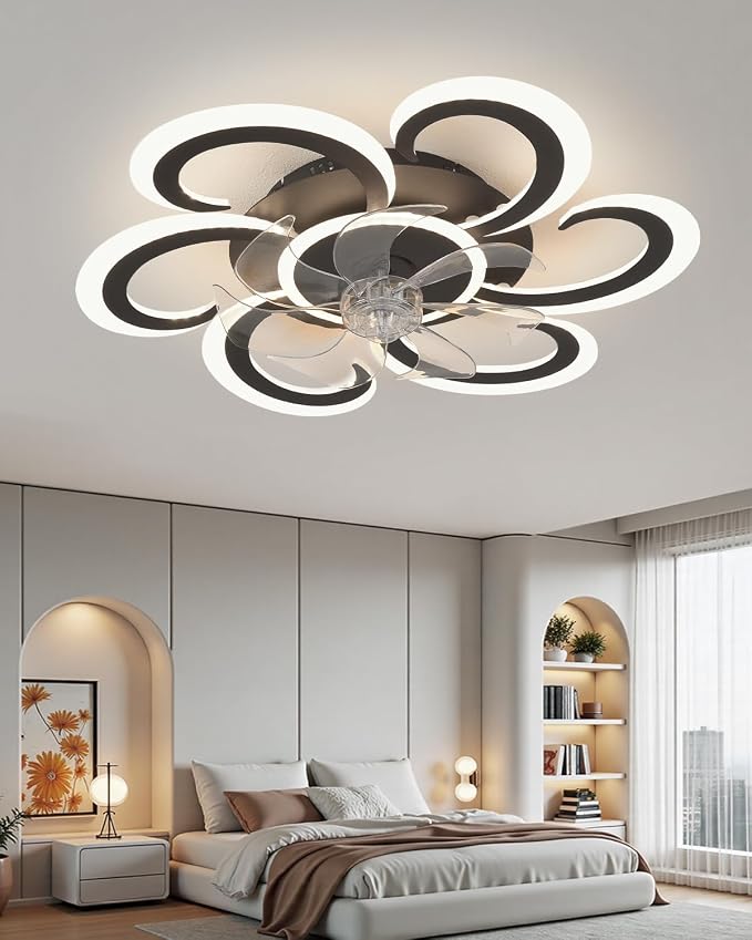 24" Black Flower Ceiling Fan with Light Remote Control, 3 Light Color 6 Speeds Flush Mount Low Profile Ceiling Fan for Bedroom Kitchen