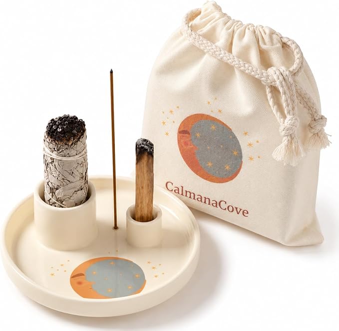 Incense & Palo Santo Holder – 6.5'' Ceramic Sage Burner for Sticks, Bundles, Cones, Candle & Tealight with Ash Catcher – Jewelry Tray, Smudge Pot, Home Décor, Meditation Gift (Yellow Moon)