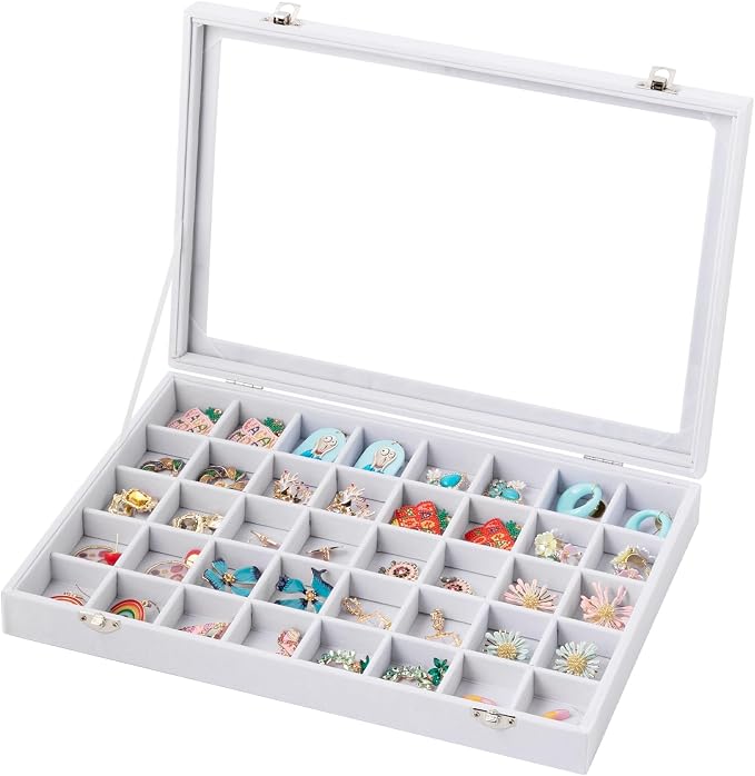 Frebeauty 40 Grid Earring Organizer,Velvet Jewelry Tray with Clear Lid | Drawer Jewelry Organizer for Rings Studs Beads,Adjustable Dividers,Dustproof,Earring Storage,Trinket Box,13.8×9.5Inches