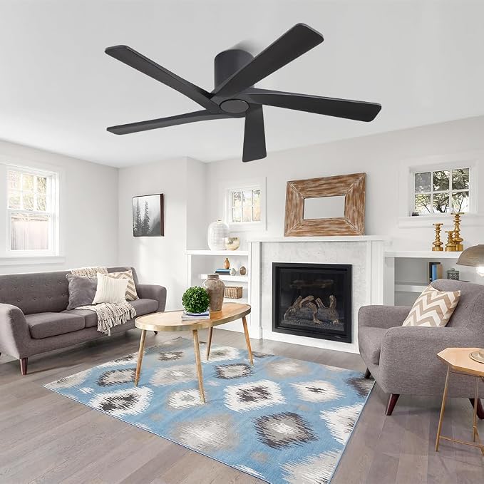 WINGBO 54 Inch Flush Mount DC Ceiling Fans without Lights, 5 Carved Solid Wood Blades, 6-Speed Reversible DC Motor, Low Profile Hugger Ceiling Fan No Lights for Indoor and Outdoor, Matte Black