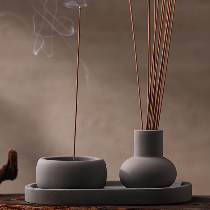 Concrete Incense Burner Set with Holder and Tray,Multifunction Incense Holder for Burning Sage,Palo Santo,Incense Sticks,Ideal for Meditation Home Decor(Grey)
