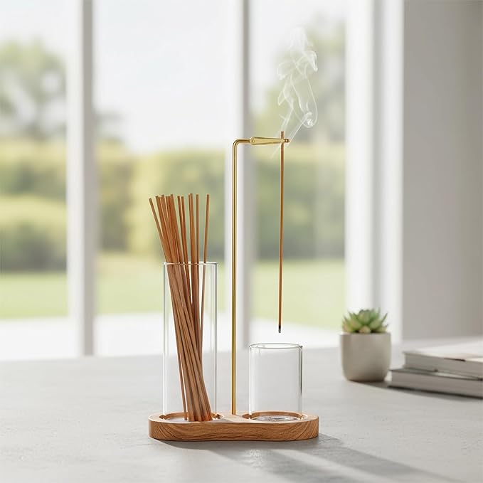 2-in-1 Incense Stick Holder with Glass Ash Catcher, Dual Glass Cups & Metal Clip, Minimalist 8-Shaped Wooden Base, Home Decor Gift (Dark Base)