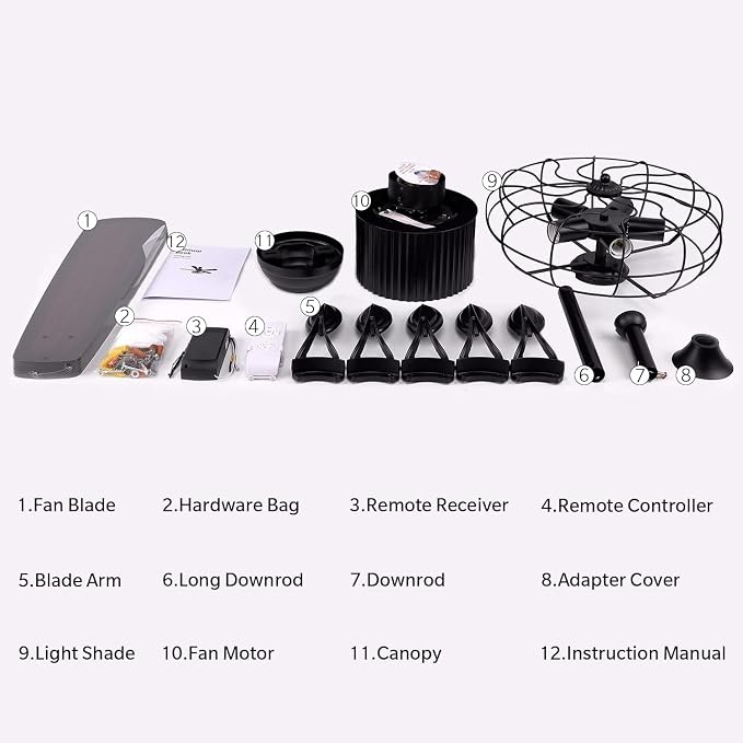 Industrial Caged Ceiling Fan Light with Remote Control 52 Inch Vintage Ceiling Fan Light Farmhouse Black Retro Indoor Fandelier with 5 Reversible Wood Blades for Living Room Bedroom