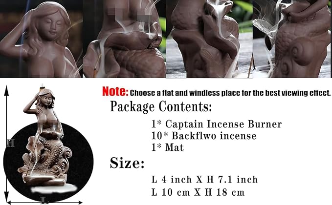 Mermaid Backflow Incense Burner and Incense Cones, Handmade Ceramic Waterfall Incense Holders Home Decor Gift Artwork Statue Ornaments
