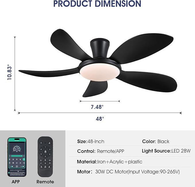 PHORUS 48"Black Low Profile Flush Mount Ceiling Fans with Lights and Remote | Supports Remote and APP, 6 Wind Speeds, Reversible, Dimmable 3 CCT LED, 30WNoiseless DC Motor,Timer, for Bedroom Kitchen