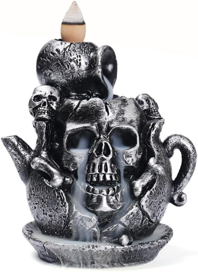 Creative Resin Skull Shaped Incense Burner Teapot Backflow Waterfall Incense Holder Indoor Aromatherapy Burner Handicraft Ornament