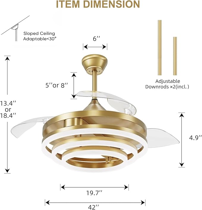 TXCSLY Retractable Ceiling Fan, 42 Inch Chandelier Ceiling Fans with Light, Modern Fandelier Ceiling Fan for Bedroom Living Room Dinning Room, Reverse Motor, 3 Color, 6 Wind Speed, Gold