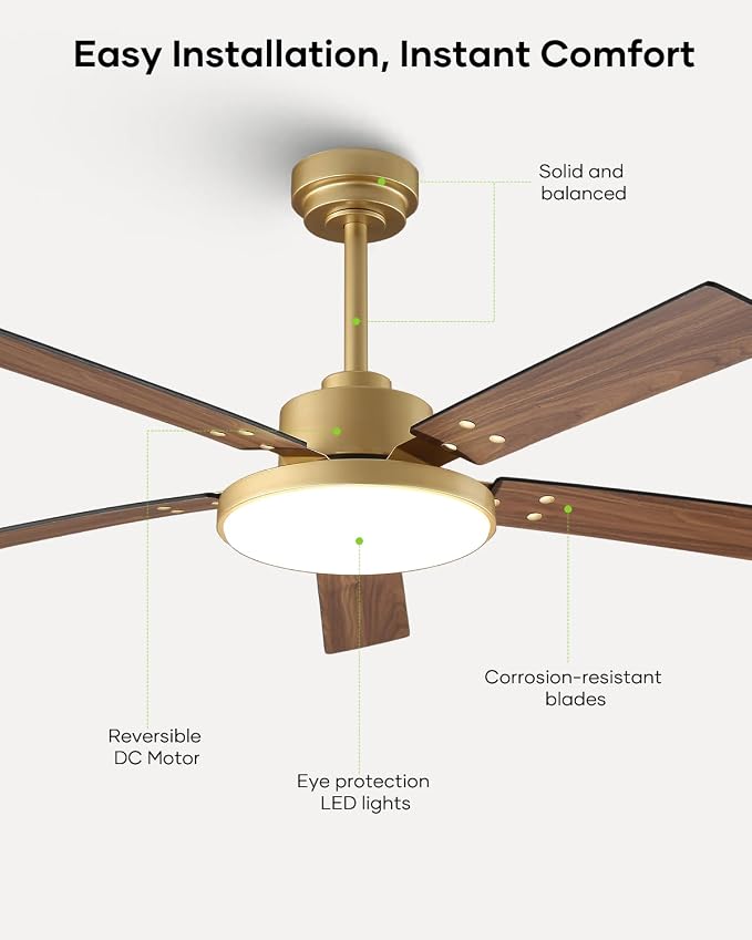 52 Inch Gold Ceiling Fans with Lights and Remote/APP, Modern Sleek Black and Gold Ceiling Fan, ETL Listed, Indoor Smart Black Ceiling Fan for Home Decoration Bedroom Living Room, 3CCT, 6 Speeds