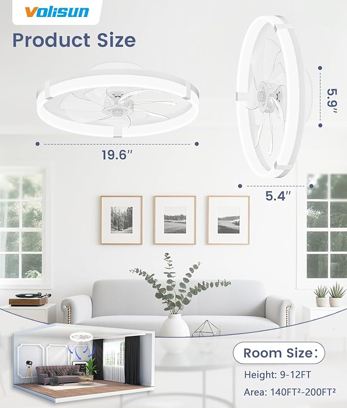 VOLISUN Low Profile Ceiling Fans with Lights and Remote, 20in Flush Mount Ceiling Fans with Light, 3000K-6500K Dimmable Fandelier Ceiling Fan, White Bladeless Ceiling Fan for Bedroom