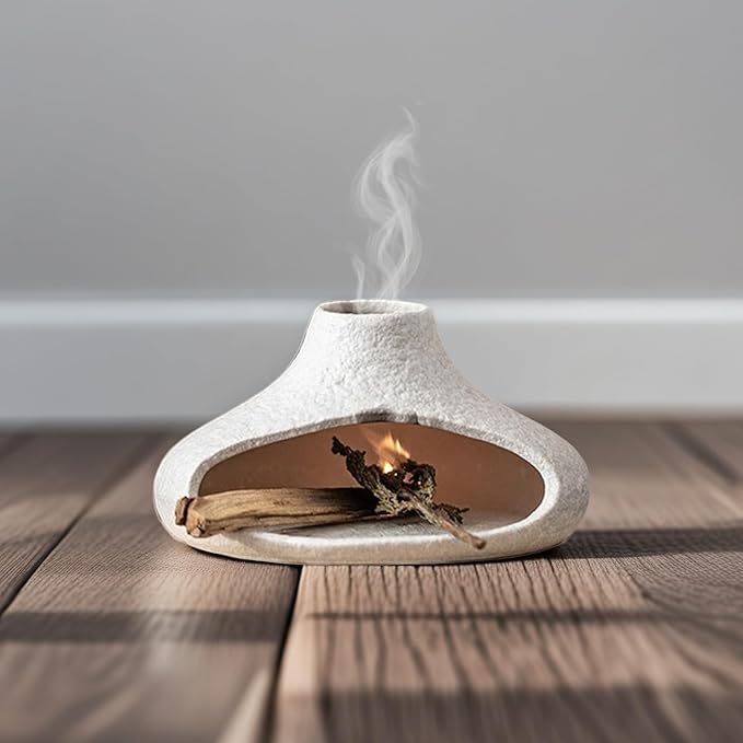 Holder Incense Burner-Mini Ceramic Fireplace,Handmade Smudge,with Chimney,for Sage,Palo Santo,Aromatic Ash Tray for Home Decor, Anxiety Relief & Valentine's Day Meditation Gifts for Women (Off-White)