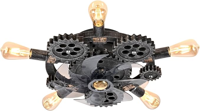 20" Retro Industrial Steampunk Ceiling Fans with Lights and Remote,Low Profile Flush Mount Bladeless Ceiling Fan with Light,Nautical Style 6 Speeds for Bedroom Kitchen Island Bar Cafe