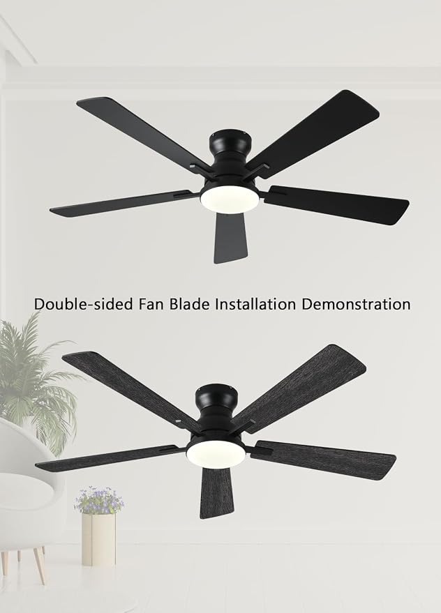 JSAITEE Ceiling Fans with Lights, 52Inch Low Profile Ceiling Fan with Light and Remote/App Control, Modern Flush Mount Black Ceiling Fan, 3CCT Dimmable, Reversible DC Motor, for Living Room,Bedroom
