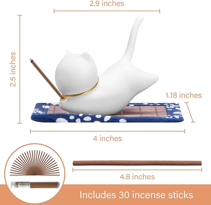 Incense Holder Handmade Ceramic Incense Burner with 30 Sandalwood Insence-Stick Holder with Bamboo Mat, Cute Cat Decor Incense Holder for Sticks for Aromatherapy/Yoga/Meditation/Home