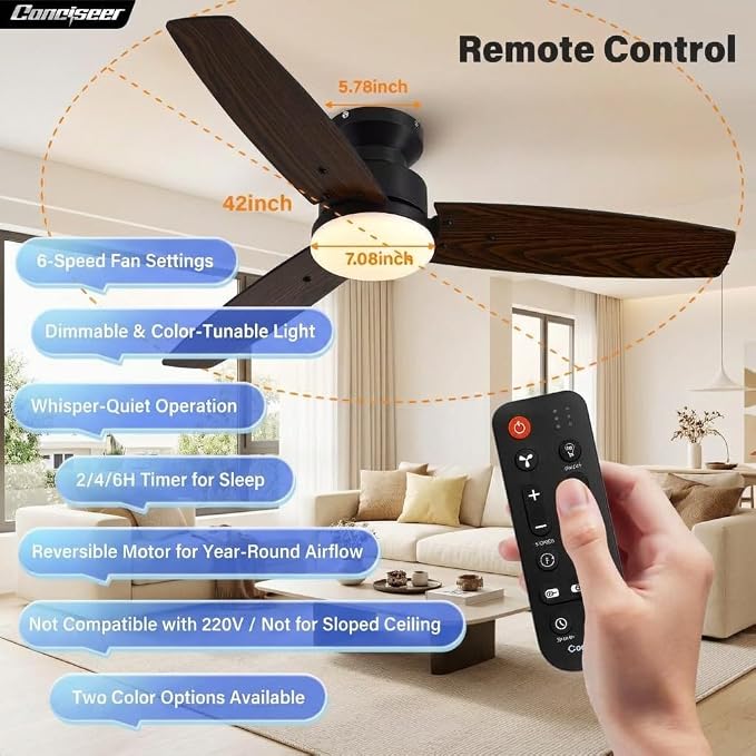 Conciseer Modern 42 Inch Ceiling Fans with Lights and Remote for Bedroom Office, Flush Mount, 18W 6CCT Dimmable, Dual Color 3 Blades 6 Speed FReversible Quiet DC Motor Black/Wood Grain