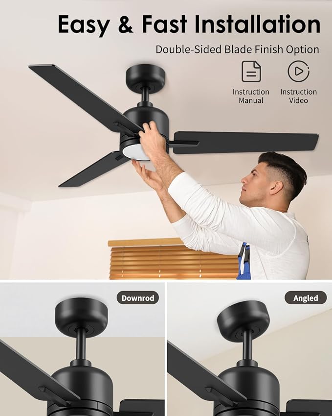 Newday 52 inch Ceiling Fans with Lights and Remote, Black 3 Blade Outdoor Fans for Patios -Dimmable Indoor DC Motor, 6 Speed, Quiet Noiseless, 3 CCT, Reversible, High CFM