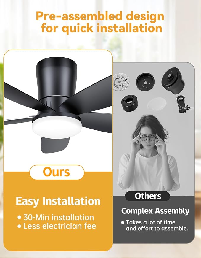 Ceiling Fans with Lights, Low Profile 42-Inch Modern Small Ceiling Fan for Bedroom Indoor Outdoor - Dimmable Fans with Timer Remote Control Flush Mount Reversible 5 Blades 6 Speeds, Black
