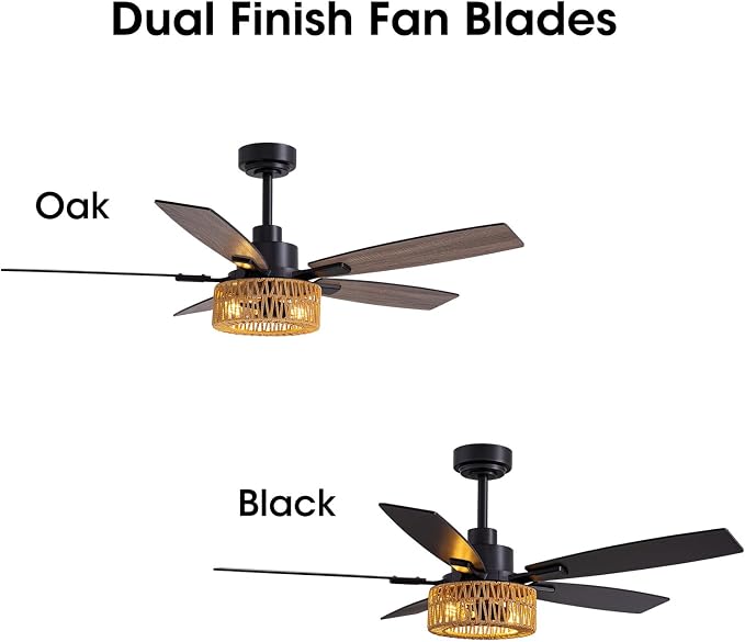 LuminFan 52 Inch Boho Black Rattan Ceiling Fans with Lights and Remote Control, Farmhouse Caged Rattan Ceiling Fan for Dining Room, Bedroom, Living Room and Patio, Indoor/Outdoor