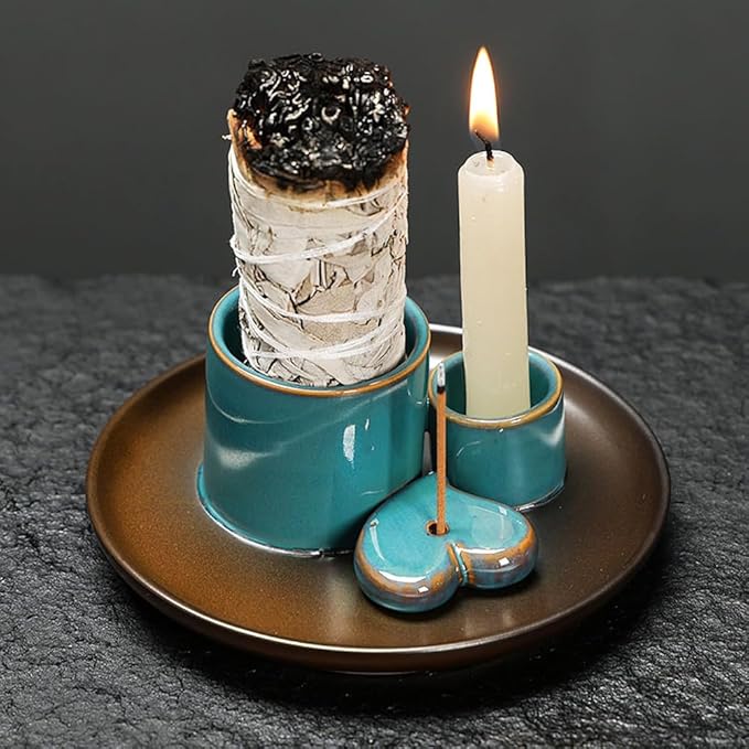Palo Santo Sage Holder for Burning, Ceramic 4 in 1 Incense Burner Smudge Stick Holder, Ash Catcher Tray for Home Office Meditatio Yoga Room (Retro Blue)