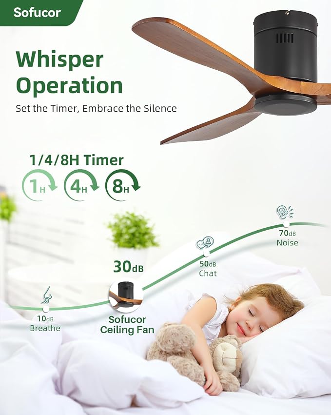 Sofucor 52 Inch Solid Wood Ceiling Fan Without Lights Flush Mount Ceiling Fan with Remote Control-Wood Blades Modern Outdoor Ceiling Fans No Light for Bedroom/Farmhouse/Patio/Indoor, Brown Black