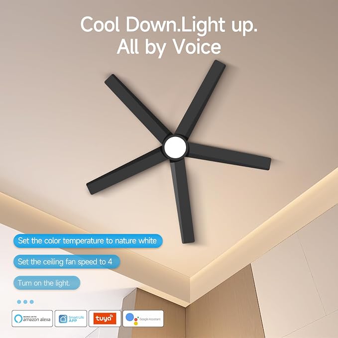 ocioc Smart Ceiling Fans with Lights,52 inch,Reversible Quiet DC Motor,Dimmable,Black Ceiling Fan Compatible with Alexa Google home Indoor/Outdoor