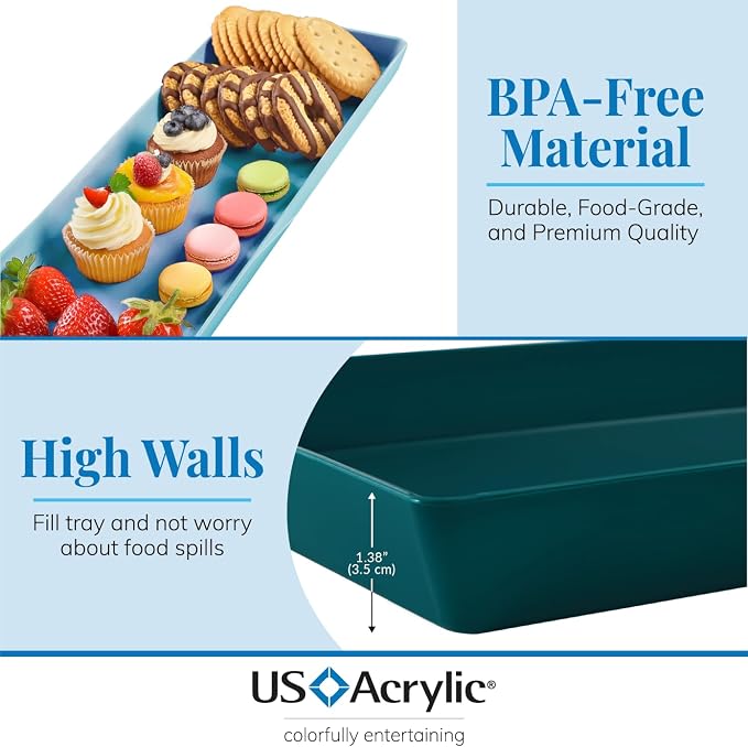 US Acrylic Coastal Plastic Serving Trays (Set of 4) 15” x 5” | Narrow Unbreakable Reusable Rectangular Party Platters | Serve Appetizers, Fruit, Veggies, & Desserts | BPA-Free & Made in USA