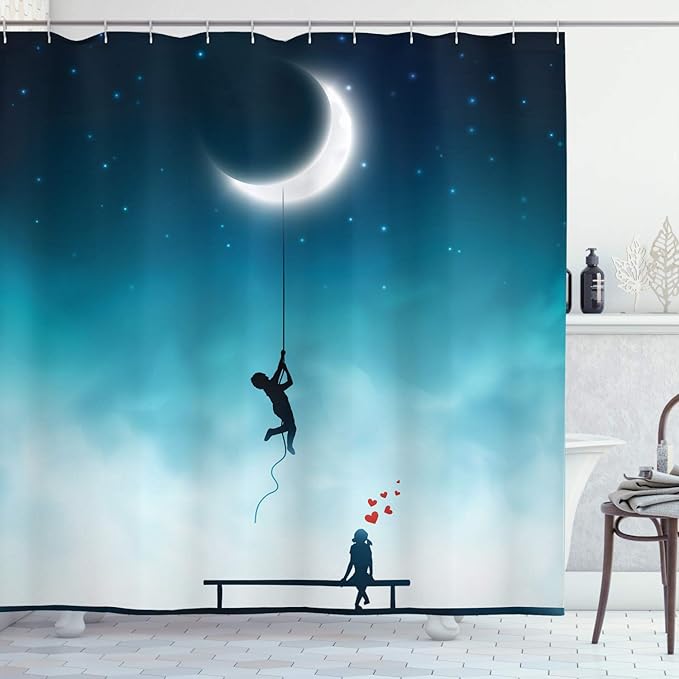 Ambesonne Fantasy Shower Curtain, Characters Climbing to The Moon and Sitting on Bench Love Romance Themed Art, Cloth Fabric Bathroom Decor Set with Hooks, 69" W x 70" L, White and Teal