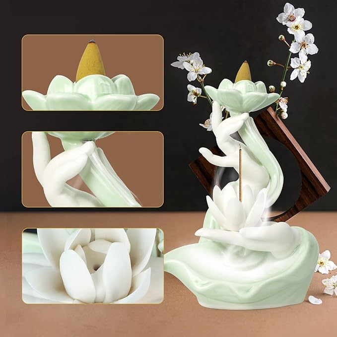 Backflow Incense Holder Buddhist Culture，Waterfall Incense Burner Buddha's Hand and Lotus Pattern，Aromatherapy Ornament Home Décor Nice Gift for Friends Families