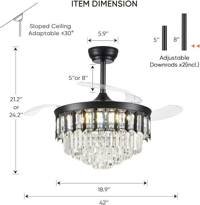 TXCSLY 42" Fandelier Ceiling Fan with Light, Crystal Chandelier Fan with Retractable Blades Dimmable Crystal Ceiling Fan Chandelier for Bedroom Living Room Dining Room-Black