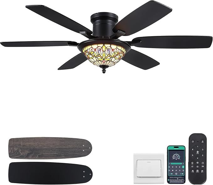 Tiffany Ceiling Fans with Lights - 52" Ceiling Fan Chandelier with Stained Glass Shade, 6 Speeds Reversible 6 Dual-Blades, Flush Mount, 3 CCT Dimmable LED Lights, Remote & APP Control, Vintage Style