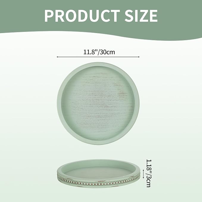 Hanobe Sage Green Decor Tray, Beaded Edge & Distressed Finish | 10.4" round wood tray for candle display, for coffee table centerpiece, living room, bedroom, kitchen.