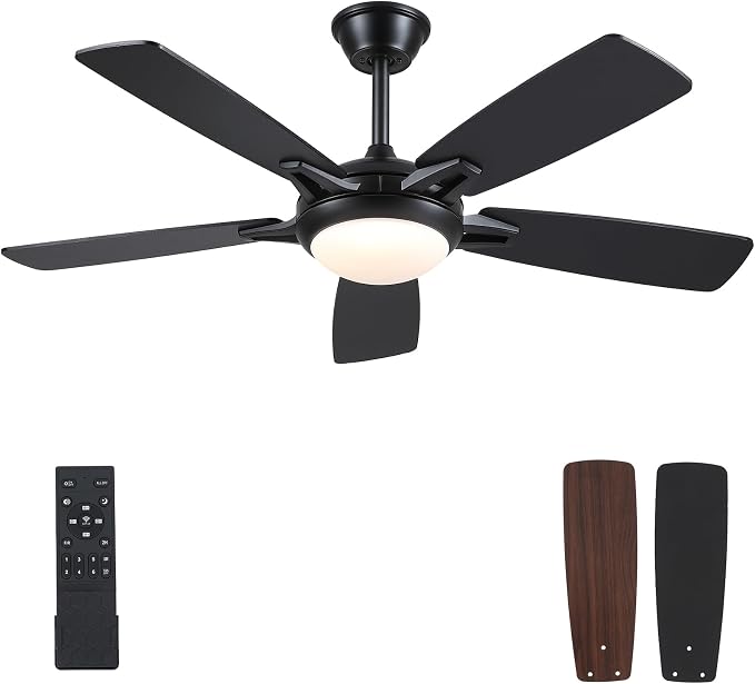 Kviflon 52 Inch Ceiling Fans with Lights and Remote, Modern Indoor Outdoor Ceiling Fan for Bedroom Living Room Patio Porch, 6 Speeds, Reversible Quiet Motor, Dual Finish Wooden Blades, Black