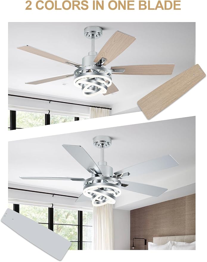 Bella Depot 52" Ceiling Fan with Light, Modern Sliver Chandelier Fan with Remote, Rustic Indoor Fandelier Fan with Silent DC Motor for Living Room Bedroom(Chrome)