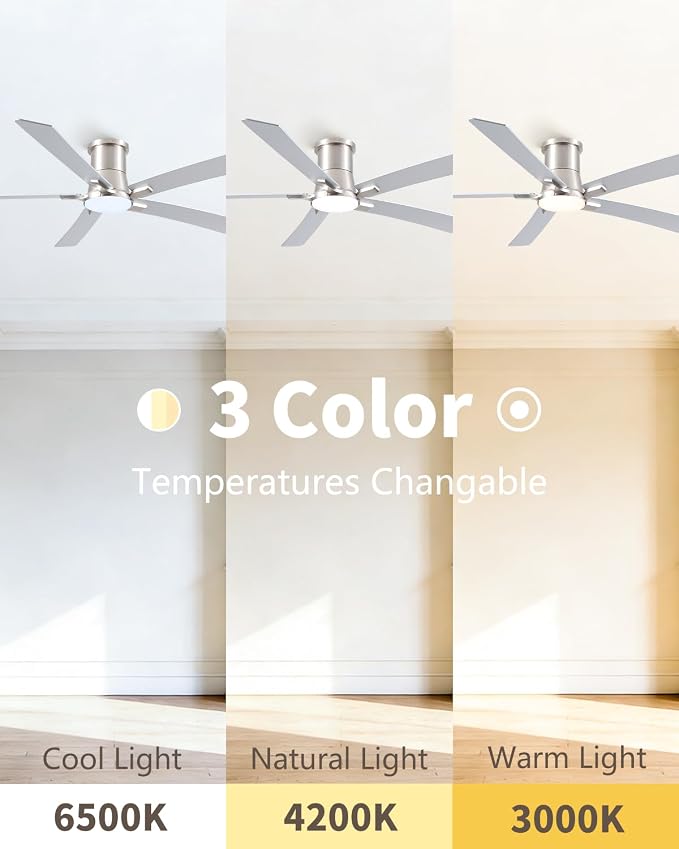 60 Inch Brushed Nickel Flush Mount Ceiling Fans with Lights and Remote | 3CCT Dimmable LED, 6 Speed, Quiet DC Motor, 3-Level Timer Function, Forward/Reserve For all Seasons, Indoor/Covered Outdoor