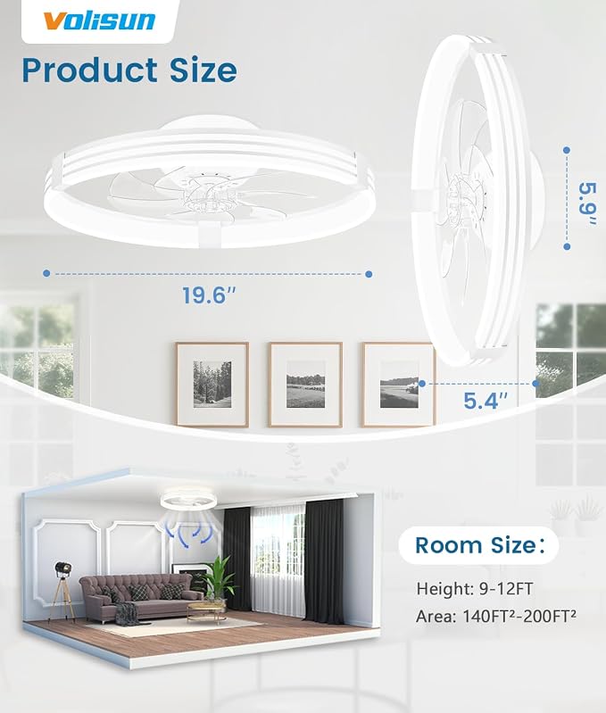 VOLISUN Low Profile Ceiling Fans with Lights and Remote, 20in Flush Mount Ceiling Fan with Light, 3000K-6500K Dimmable Fandelier LED Fan Light, White Bladeless Ceiling Fans with Lights for Bedroom