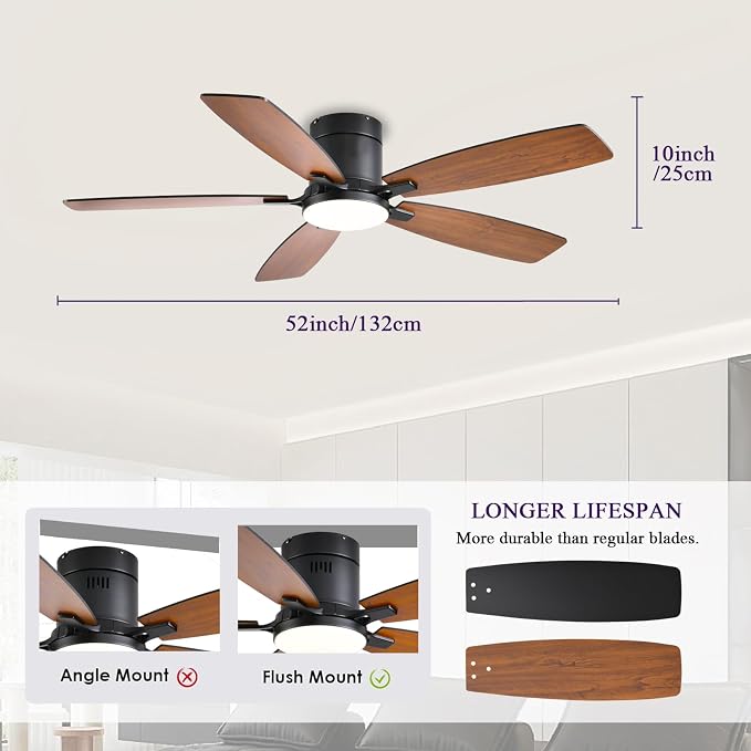 FUMLTP 52inch Ceiling Fans with Lights, Low Profile Ceiling Fan with Light and Remote Control/APP Control, Flush Mount, Reversible Motor, Dimmable, Noiseless, Brown Ceiling Fan for Bedroom (Brown)
