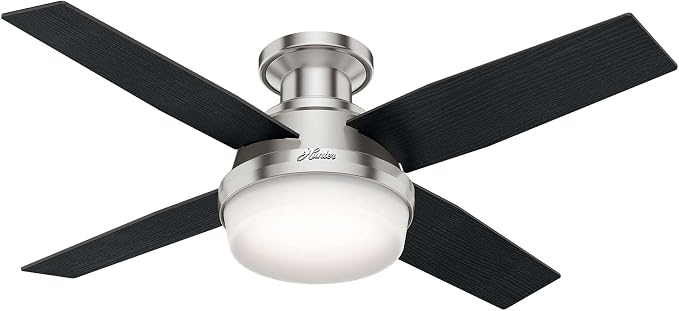 Hunter Dempsey, Indoor, Ceiling Fan, Modern, 44 inch, Brushed Nickel | with LED Light and Remote Control, Low Profile Mount, 4 Black Oak Blades, For Bedroom, Living Room, Kitchen, 59243