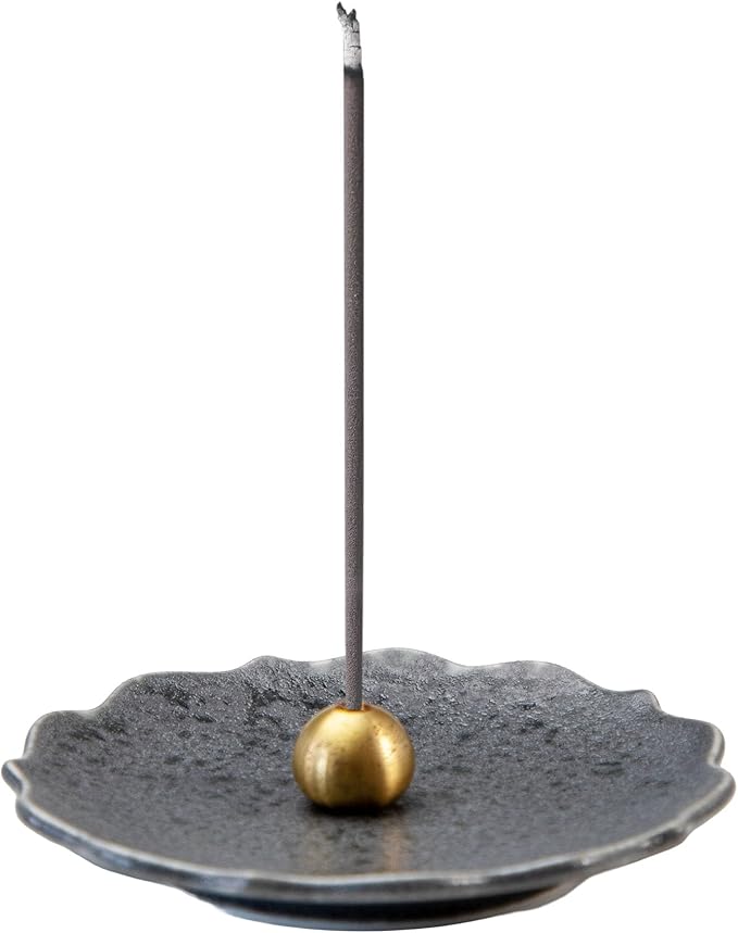 Asayu Japan Incense Holder - Matte Gray Crystal “Kikyo” Flower Shape - Mino Ware Ceramic Ash Catcher Plate with Brass Holder (Ginnezu Kikyo)