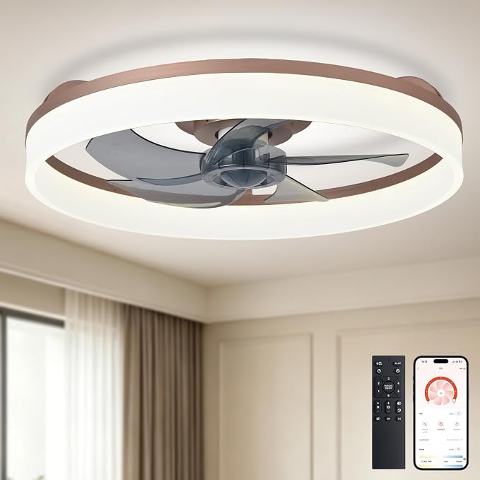 DLLT Low Profile Ceiling Fan: 20" Modern Flush Mount Ceiling Fans with Lights for Bedroom - Brown Dimmable LED Bladeless Fandelier with APP Remote Control Quiet DC Motor for Kids Room Living Room