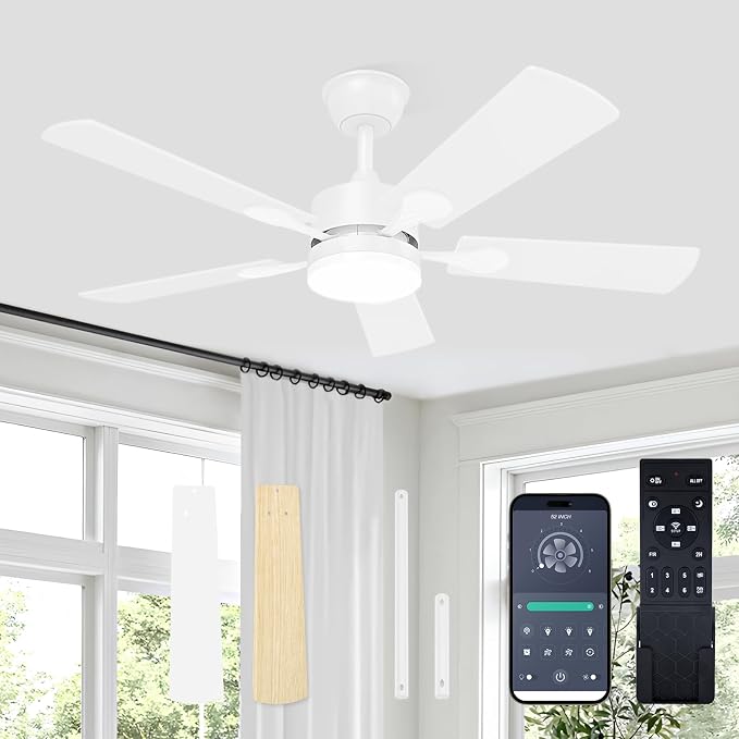 VOLISUN Ceiling Fan with Light, 42 inch Flush Mount Ceiling Fan with Lights and Remote, Dimmable LED Fan Light, Low Profile Ceiling Fan, White Modern Ceiling Fan for Bedroom, Indoor/Outdoor