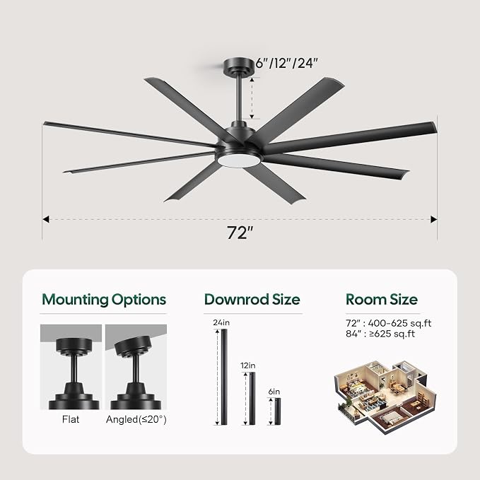 72 Inch Outdoor Ceiling Fan with Light, Modern Black Smart Ceiling Fan with Alexa/App/Remote Control, 8 Anti-Rust Aluminum Blades, High 9799 CFM Quiet DC Motor, Damp Rated for Patio Living Room Garage