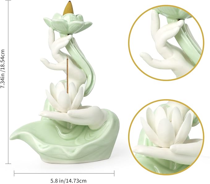 Backflow Incense Holder Buddhist Culture，Waterfall Incense Burner Buddha's Hand and Lotus Pattern，Aromatherapy Ornament Home Décor Nice Gift for Friends Families