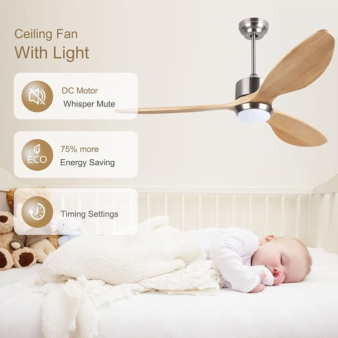 Ovlaim 52 Inch Wood Ceiling Fan with Light, Quiet DC Motor, Smart 6-Speed | 30dB Quiet, Light Wood Blades, 3-Color Dimmable, Memory Function, Reversible Motor, Bedroom Living Room