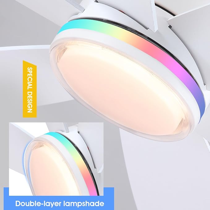 Kviflon 46" Ceiling Fans with RGB Lights Remote/APP Control, Flush Mount Ceiling Fans, Double-Sided 6 Reversible Blades, RGB Ring Lights+3CCT Dimmable Lights, Double Lampshade for Bedroom, White