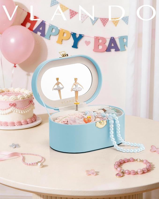 VLANDO Musical Jewelry Box for Girls - Kid Music Box with Ballerina for Birthday Bedroom Decor - Birthday Gift for Girls Ages 4 5 6 7 8-12 Year Old - Blue