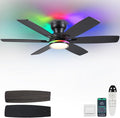 Kviflon 52" Ceiling Fans with RGB Lights, Low Profile Ceiling Fan with Remote/APP Control, Flush Mount, Double-Sided 6 Reversible Blades, RGB+3CCT Dimmable Lights, Double Lampshade for Bedroom, Black