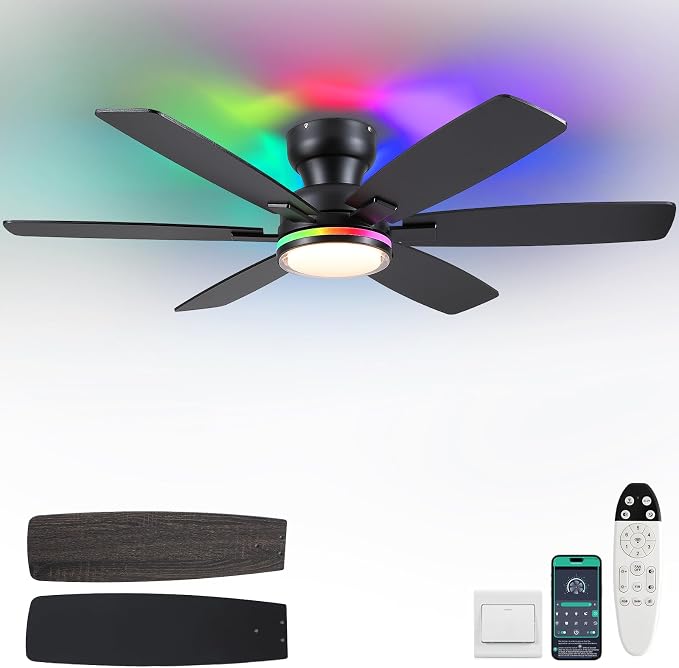 Kviflon 52" Ceiling Fans with RGB Lights, Low Profile Ceiling Fan with Remote/APP Control, Flush Mount, Double-Sided 6 Reversible Blades, RGB+3CCT Dimmable Lights, Double Lampshade for Bedroom, Black